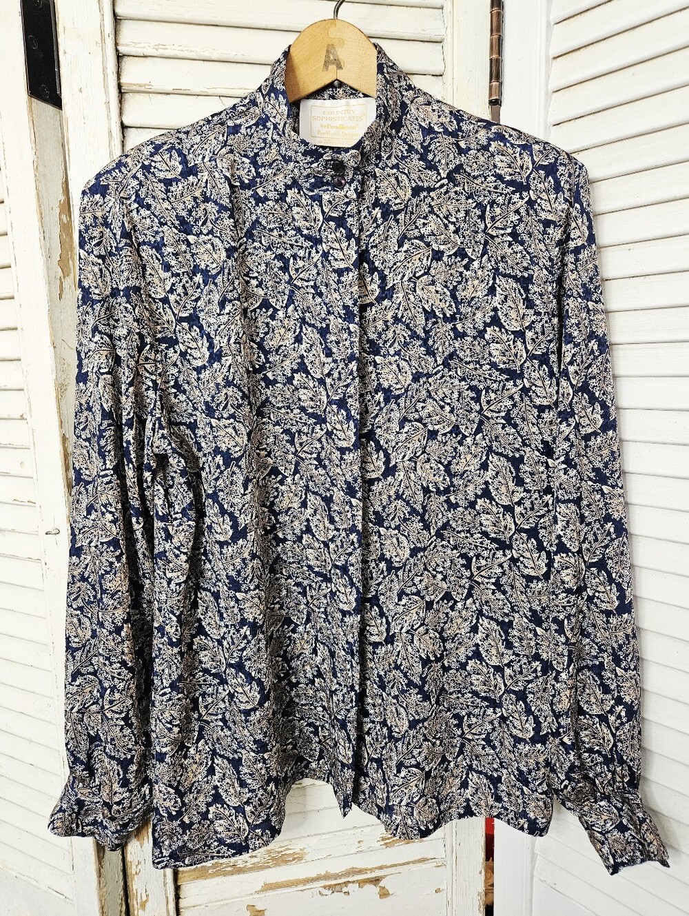 Vintage 80s Country Sophisticates By Pendleton High Neck Blouse Navy Leaf Medium